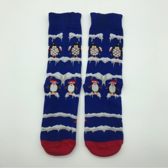 Blue Christmas Penguin Crew Socks Unisex Santa Hat Snow Winter Patterned Cute - Picture 8 of 8